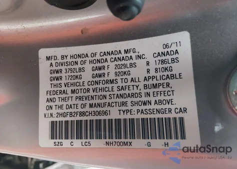 2012 Honda Civic Ex z USA, uszkodzony, nr VIN 2HGFB2F88CH306961